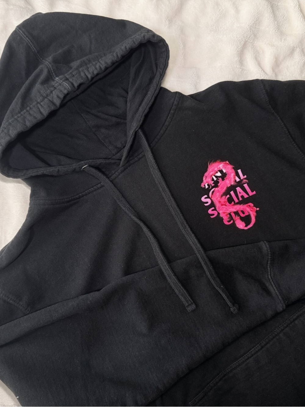 Anti Social Social Club Black Crewneck Pullover with Hot Pink Dragon Graphic